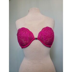 Victoria's Secret Bra 36B Bright Pink Lace Rhinestone Strapless Padded Magnetic
